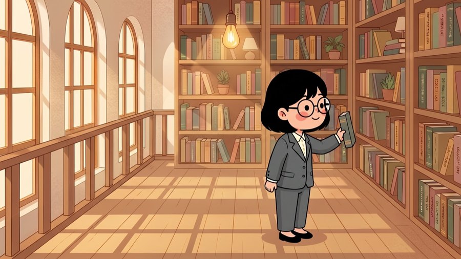 น้องแว่นเลือกอ่านหนังสือกฎหมายในห้องสมุดของคาเฟ่กฎหมาย