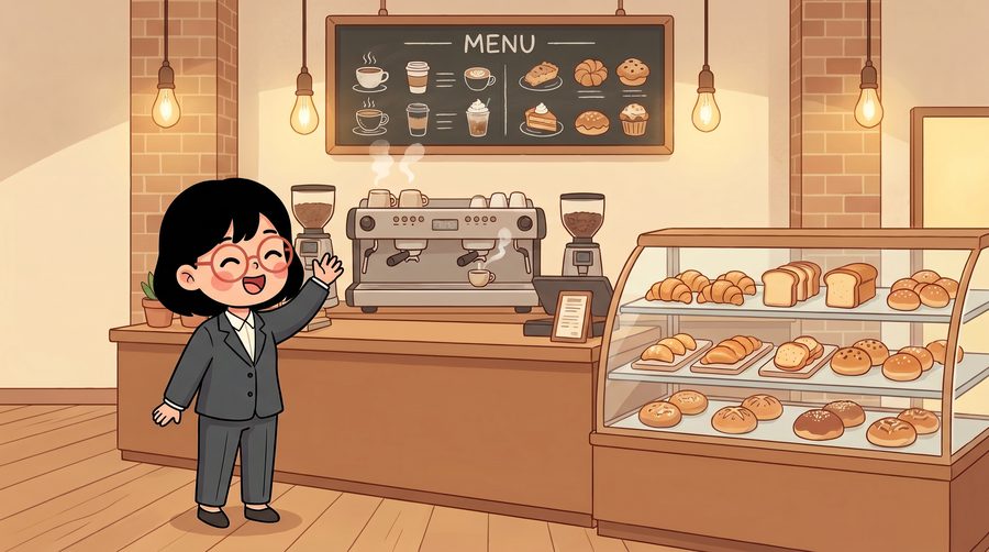 น้องแว่นที่เคาน์เตอร์ร้านกาแฟ Kelomn