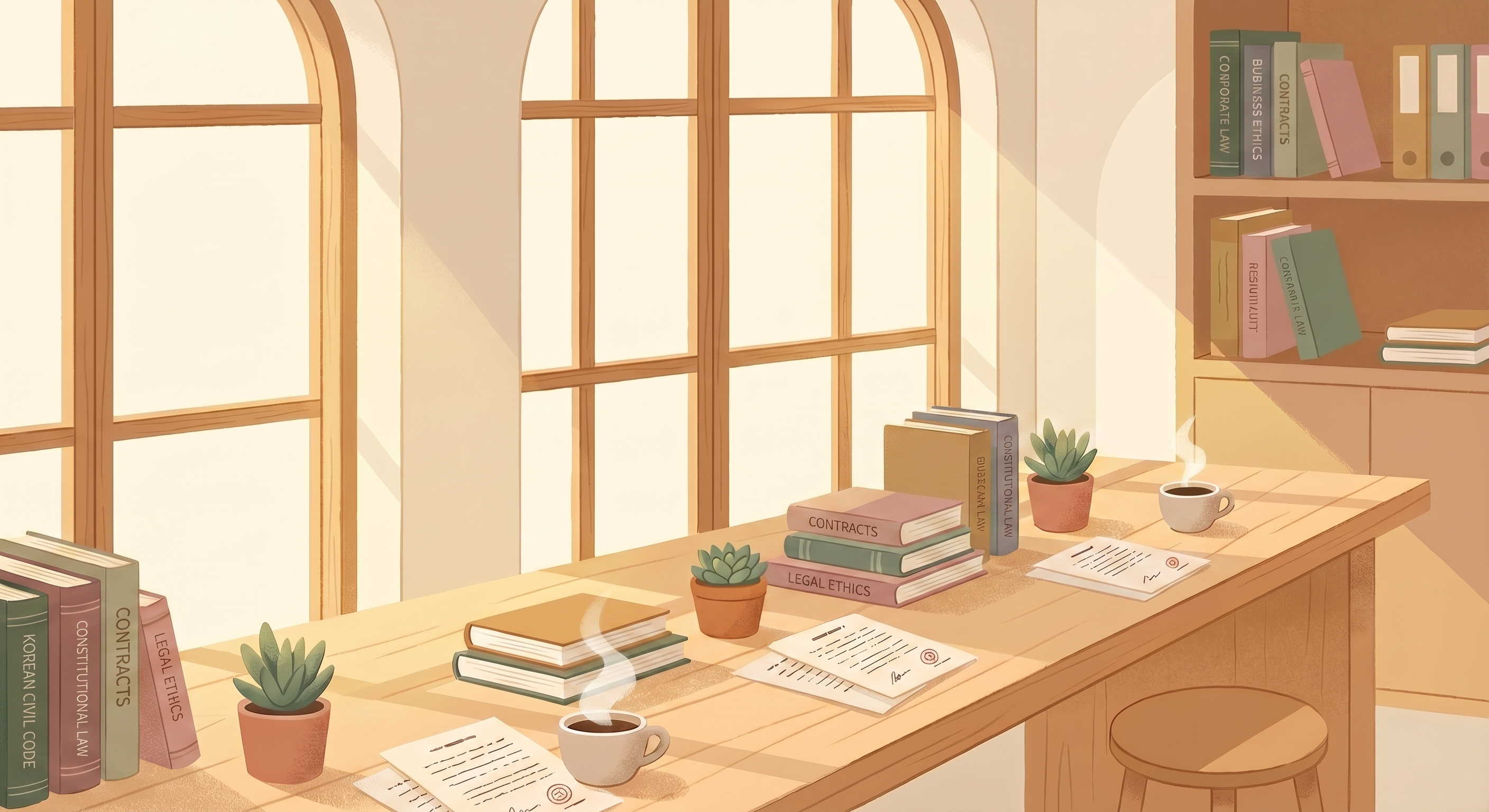 โต๊ะร้านกาแฟของน้องแว่น Kelomn — หนังสือกฎหมาย กาแฟ ต้นไม้เล็กๆ และแสงนุ่มจากหน้าต่าง